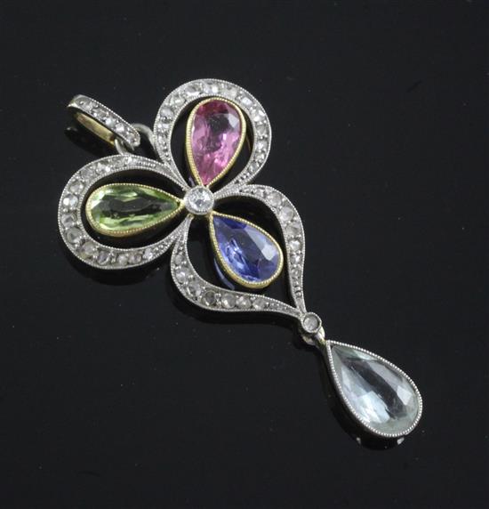 An 18ct gold, rose cut diamond and multi gem set trefoil shaped drop pendant, 43mm.